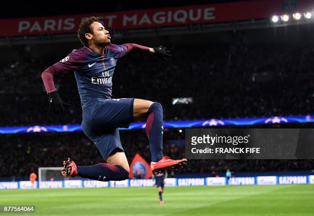 Paris Saint-Germain's Brazilian striker Neymar celebrates his second goal during the UEFA Champions League Group B football match between Paris...