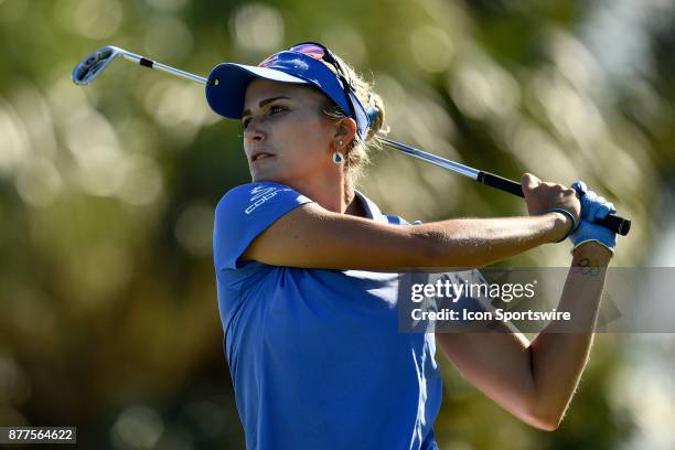 Lexi Thompson of the United States tees off on the sixteenth hole during the final round of the LPGA CME Group Championship at Tiburon Golf Club on...