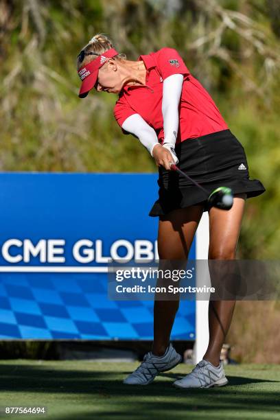 Jessica Korda of the United States tees off on the seventeenth hole during the final round of the LPGA CME Group Championship at Tiburon Golf Club on...
