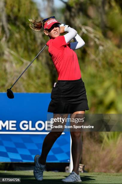 Jessica Korda of the United States tees off on the seventeenth hole during the final round of the LPGA CME Group Championship at Tiburon Golf Club on...