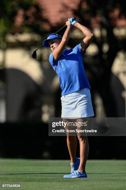 Lexi Thompson of the United States hits her approach shot on the seventeenth hole during the final round of the LPGA CME Group Championship at...
