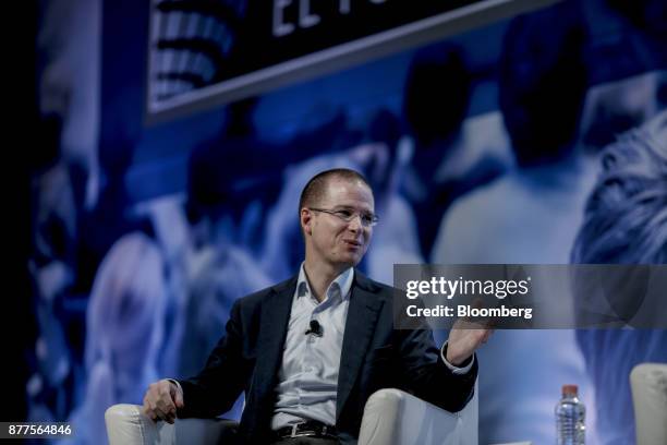 Ricardo Anaya, president of the National Action Party , gestures while speaking during the El Financiero Political Summit in Mexico City, Mexico, on...