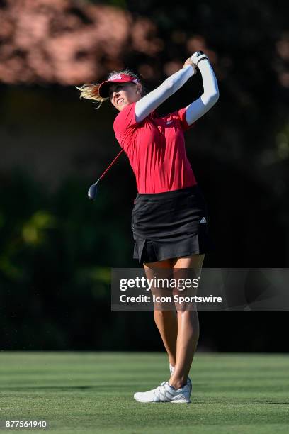 Jessica Korda of the United States plays her approach shot on the seventeenth hole during the final round of the LPGA CME Group Championship at...
