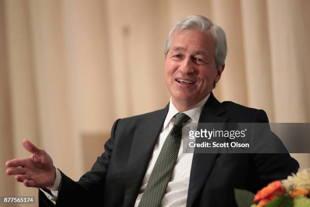 Jamie Dimon, Chairman and CEO of JPMorgan Chase & Co, fields questions from Mellody Hobson, president of Ariel Investments, during a luncheon hosted...