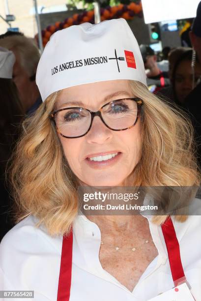 Actress Donna Mills is seen at the Los Angeles Mission Thanksgiving Meal for the homeless at the Los Angeles Mission on November 22, 2017 in Los...