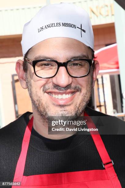 Writer/producer Sam Esmail is seen at the Los Angeles Mission Thanksgiving Meal for the homeless at the Los Angeles Mission on November 22, 2017 in...