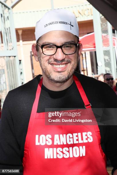 Writer/producer Sam Esmail is seen at the Los Angeles Mission Thanksgiving Meal for the homeless at the Los Angeles Mission on November 22, 2017 in...