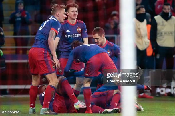 Players of CSKA Moscow celebrate after scoring a goal during the UEFA Champions League Group A soccer match between CSKA Moscow and Benfica at VEB...