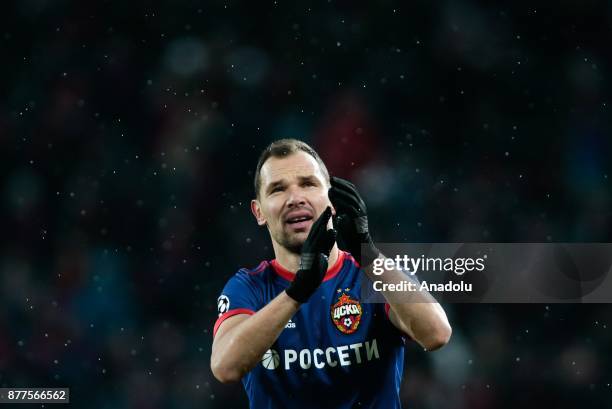 Sergei Ignashevich of CSKA Moscow celebrates after the UEFA Champions League Group A soccer match between CSKA Moscow and Benfica at VEB Arena in...