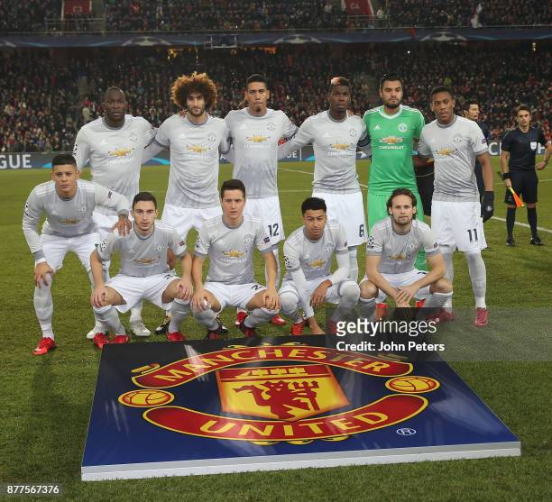 The Manchester United team line up ahead of the UEFA Champions League group A match between FC Basel and Manchester United at St. Jakob-Park on...