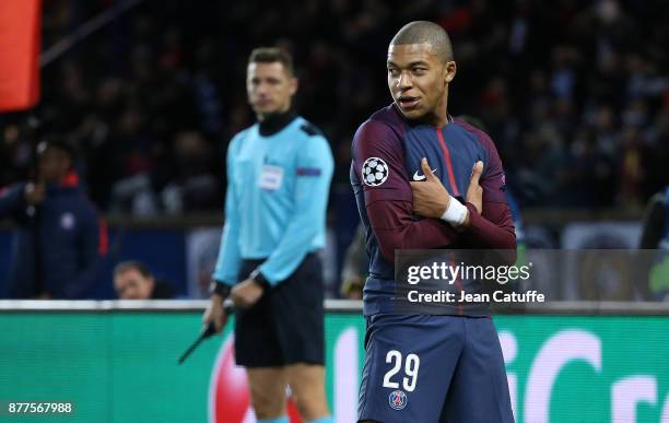 Kylian Mbappe of PSG celebrates his goal during the UEFA Champions League group B match between Paris Saint-Germain and Celtic FC at Parc des Princes...