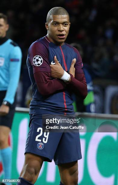 Kylian Mbappe of PSG celebrates his goal during the UEFA Champions League group B match between Paris Saint-Germain and Celtic FC at Parc des Princes...