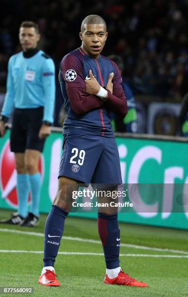 Kylian Mbappe of PSG celebrates his goal during the UEFA Champions League group B match between Paris Saint-Germain and Celtic FC at Parc des Princes...