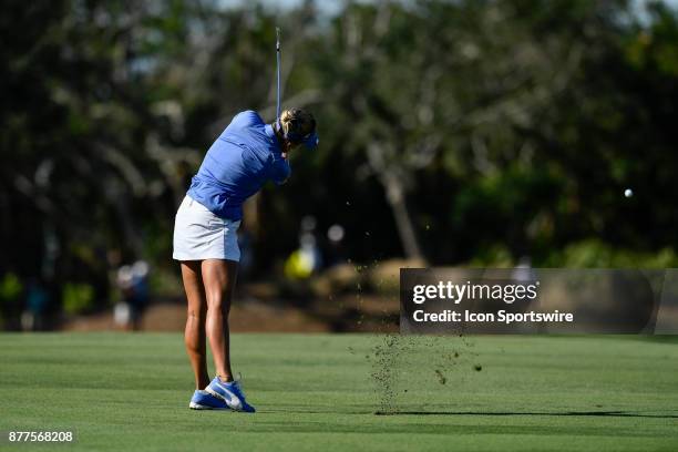 Lexi Thompson of the United States plays her second shot the fourteenth hole during the final round of the LPGA CME Group Championship at Tiburon...