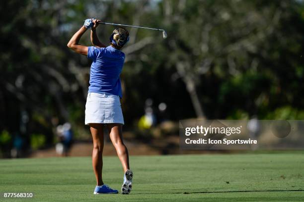 Lexi Thompson of the United States plays her second shot the fourteenth hole during the final round of the LPGA CME Group Championship at Tiburon...