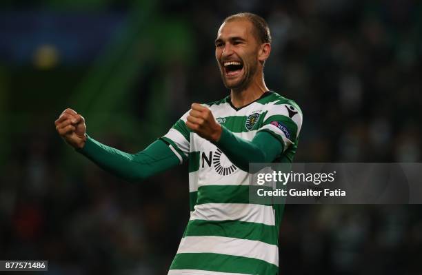 Sporting CP forward Bas Dost celebrates after scoring a goal during the UEFA Champions League match between Sporting Clube de Portugal and Olympiakos...