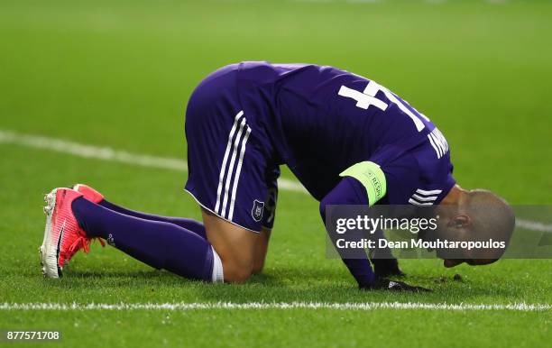 Sofiane Hanni of RSC Anderlecht celebrates scoring his team's opening goal during the UEFA Champions League group B match between RSC Anderlecht and...