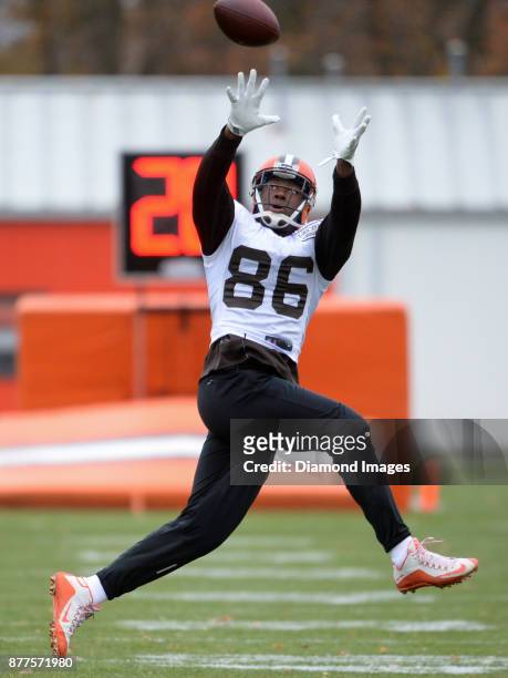Tight end Randall Telfer of the Cleveland Browns catches a pass during a practice on November 22, 2017 at the Cleveland Browns training complex in...