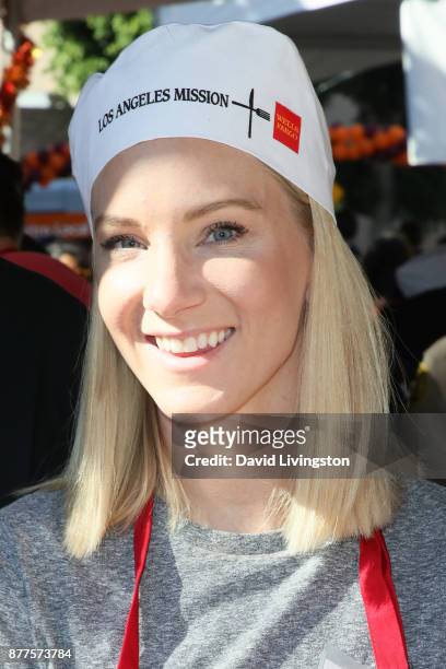 Actress Heather Morris is seen at the Los Angeles Mission Thanksgiving Meal for the homeless at the Los Angeles Mission on November 22, 2017 in Los...