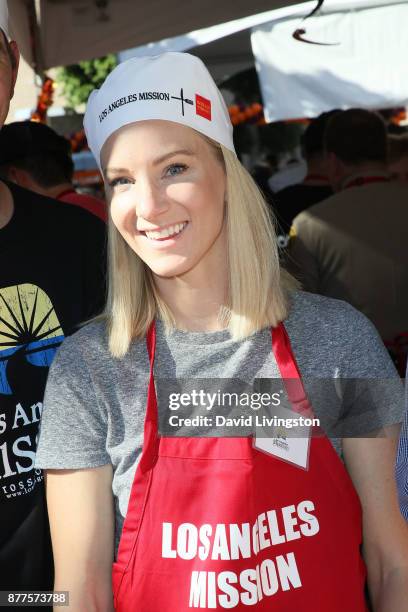 Actress Heather Morris is seen at the Los Angeles Mission Thanksgiving Meal for the homeless at the Los Angeles Mission on November 22, 2017 in Los...