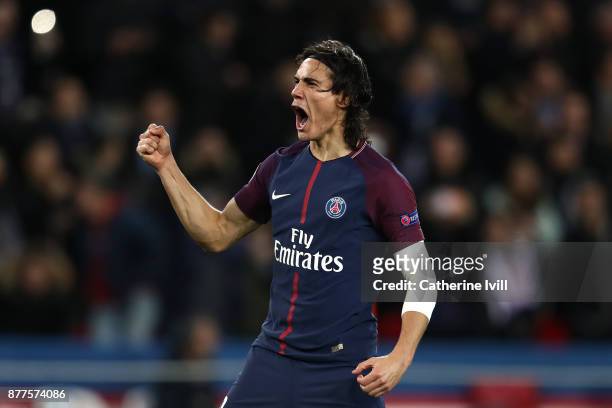 Edinson Cavani of PSG celebrates after scoring his sides sixth goal during the UEFA Champions League group B match between Paris Saint-Germain and...