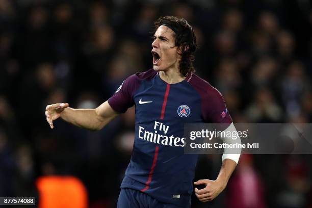 Edinson Cavani of PSG celebrates after scoring his sides sixth goal during the UEFA Champions League group B match between Paris Saint-Germain and...