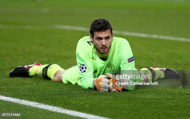 Craig Gordon of Celtic looks on dejected after PSG score their seventh goal during the UEFA Champions League group B match between Paris...