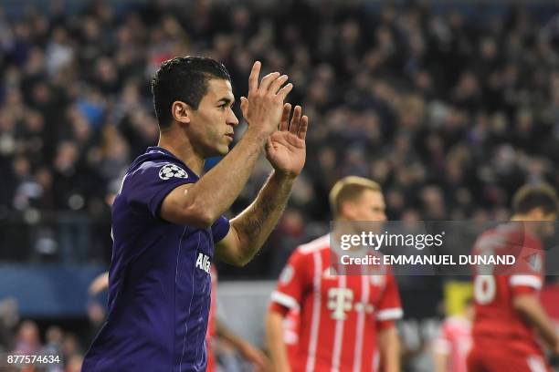 Anderlecht's Tunisian forward Hamdi Harbaoui reacts after his goal was called offside during the UEFA Champions League Group B football match between...