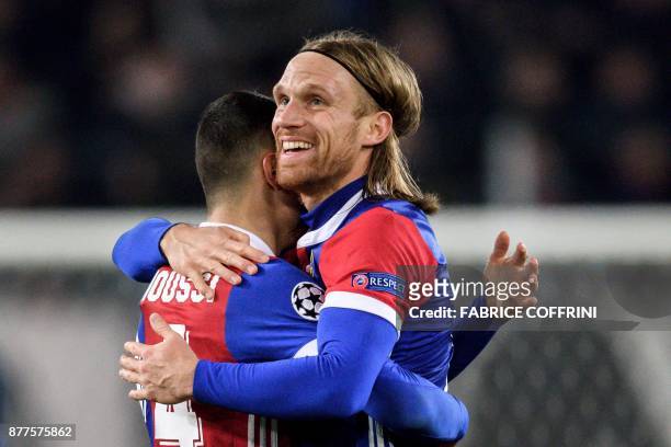 Basel's Swiss defender Michael Lang who scored the only goal reacts at the end of the UEFA Champions League Group A football match between FC Basel...