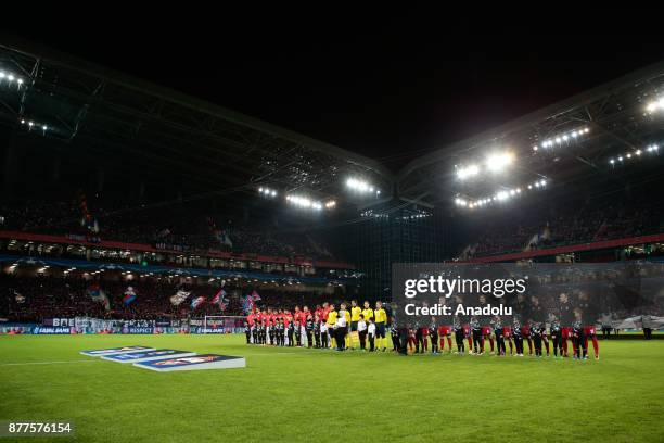 Players of Benfica and CSKA Moscow line up for the ceremony ahead of the UEFA Champions League Group A soccer match between CSKA Moscow and Benfica...