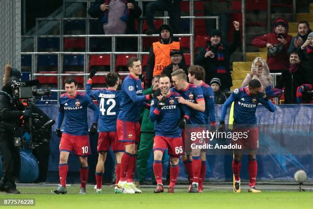 Players of CSKA Moscow celebrate a goal during the UEFA Champions League Group A soccer match between CSKA Moscow and Benfica at VEB Arena in Moscow,...