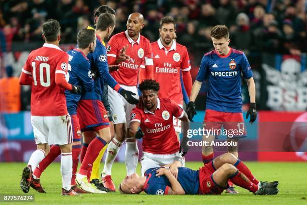 Pontus Wernbloom of CSKA Moscow lays on the ground after getting injured during the UEFA Champions League Group A soccer match between CSKA Moscow...