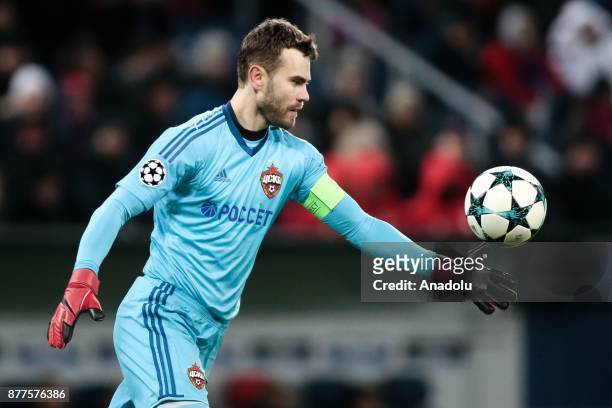Goal keeper Igor Akinfeev of CSKA Moscow kicks the ball during the UEFA Champions League Group A soccer match between CSKA Moscow and Benfica at VEB...