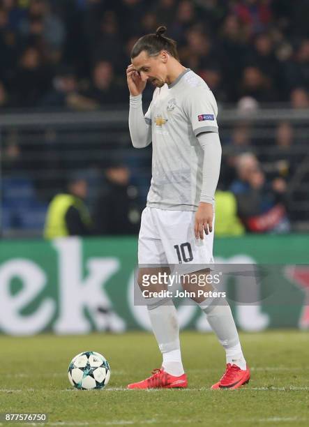 Zlatan Ibrahimovic of Manchester United shows his disappointment at conceding a goal during the UEFA Champions League group A match between FC Basel...