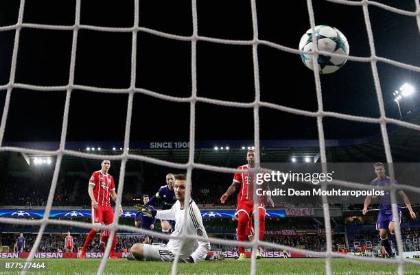 Sofiane Hanni of RSC Anderlecht scores his team's opening goal past Sven Ulreich of Bayern Muenchen during the UEFA Champions League group B match...