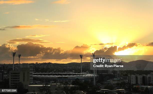 The sun rises over the Gabba before day one of the First Test Match of the 2017/18 Ashes Series between Australia and England at The Gabba on...