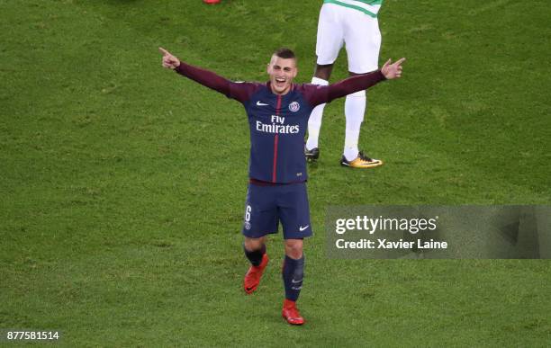 Marco Verratti of Paris Saint-Germain celebrate his goal during the UEFA Champions League group B match between Paris Saint-Germain and Celtic...