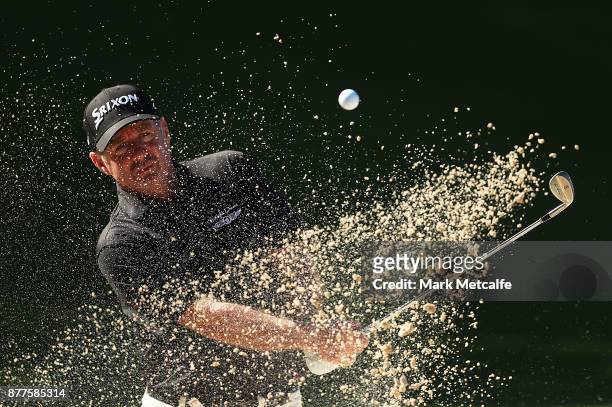 Rod Pampling of Australia plays a bunker shot on the 14th hole during day one of the 2017 Australia Golf Open at The Australia Golf Club on November...