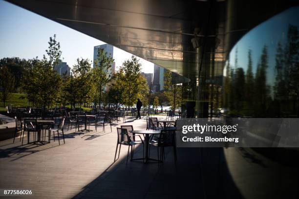 Tables and chairs are seen outside a building at the Cornell Technion campus on Roosevelt Island in New York, U.S., on Tuesday, Oct. 17, 2017....