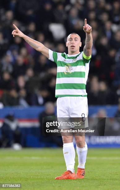 Scott Brown of Celtic Glasgow reacts during warmup before the UEFA Champions League group B match between Paris Saint-Germain and Celtic Glasgow at...