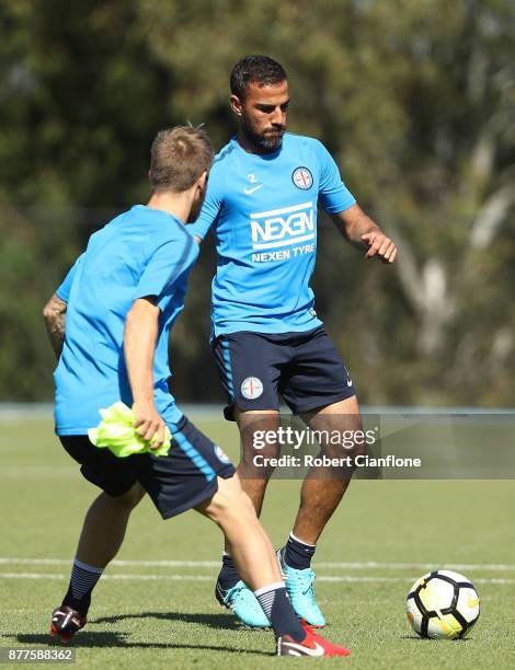 Manny Muscat of the City controls the ball during a Melbourne City A-League training session at City Football Academy on November 23, 2017 in...