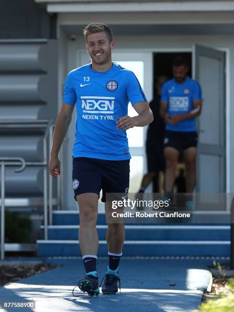 Stefan Mauk of the City arrives for a Melbourne City A-League training session at City Football Academy on November 23, 2017 in Melbourne, Australia.