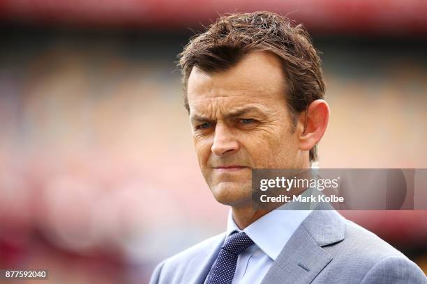 Adam Gilchrist of the BBC commentary team watches on as he waits to speak on air before play on day one of the First Test Match of the 2017/18 Ashes...