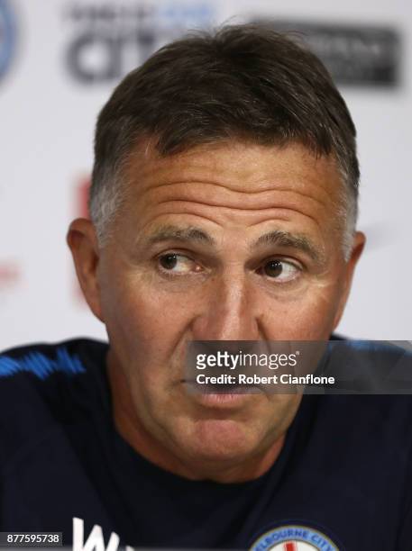 City coach Warren Joyce speaks to the media during a Melbourne City A-League press conference at City Football Academy on November 23, 2017 in...