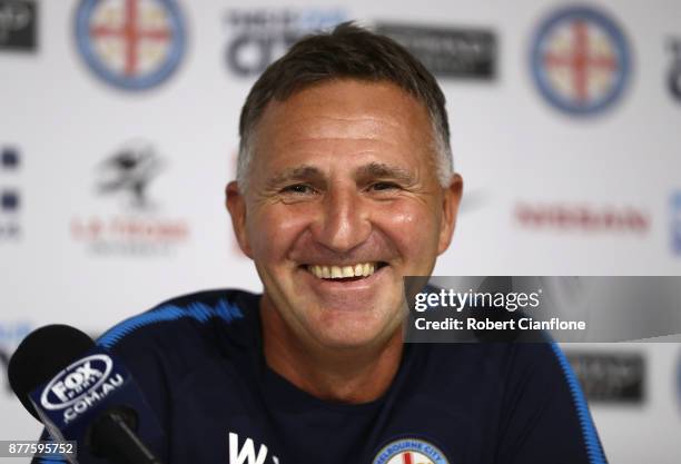 City coach Warren Joyce speaks to the media during a Melbourne City A-League press conference at City Football Academy on November 23, 2017 in...