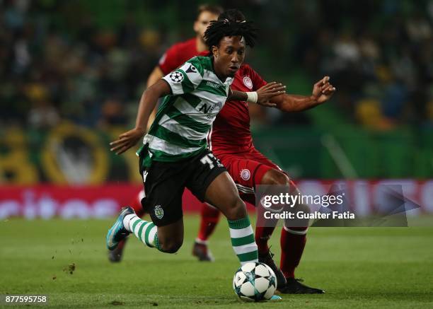 Sporting CP forward Gelson Martins from Portugal with Olympiakos Piraeus midfielder Alaixys Romao from Tongo in action during the UEFA Champions...