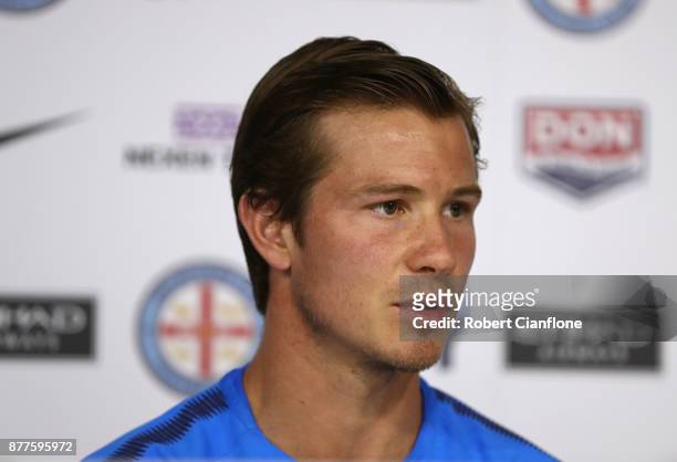 Nick Fitzgerald of the City speaks to the media during a Melbourne City A-League press conference at City Football Academy on November 23, 2017 in...