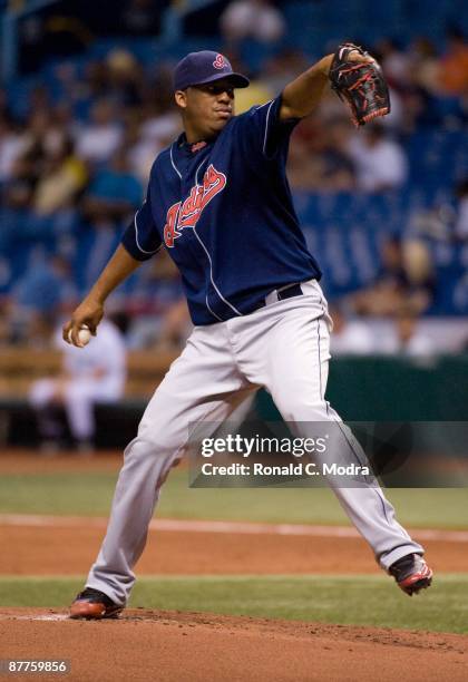 Pitcher Fausto Carmona of the Cleveland Indians pitches during a MLB game against the Tampa Bay Rays at Tropicana Field on May 14, 2009 in Tampa...