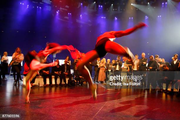 Show act live on stage during the presentation of the new Lambertz Fine Art Calendar 2018 at Friedrichstadtpalast on November 22, 2017 in Berlin,...