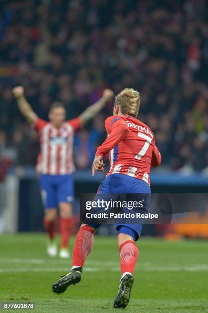 Antoine Griezman of Atletico of Atletico Madrid celebrates after scoring the first goal of his team during a match between Atletico Madrid and AS...